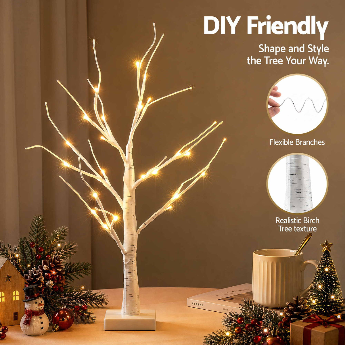 2-Pack 60cm Pre-Lit Warm White LED Birch Twig Branch Trees (48 LEDs) - Close-Up Material & LED Detail View | Jolly Wonderland Australia