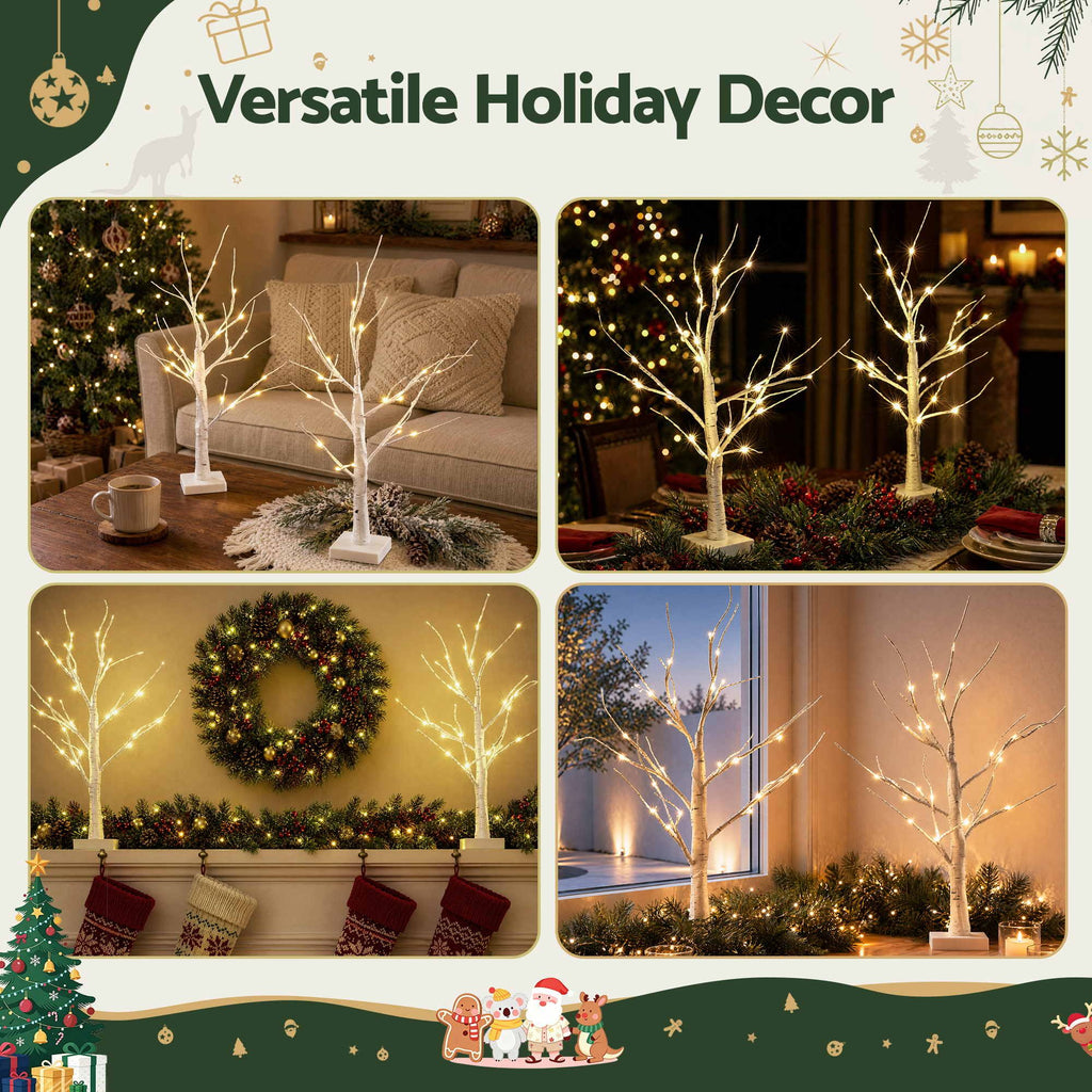 2-Pack 60cm Pre-Lit Warm White LED Birch Twig Branch Trees (48 LEDs) - Complete Package Contents & Accessories View | Jolly Wonderland Australia