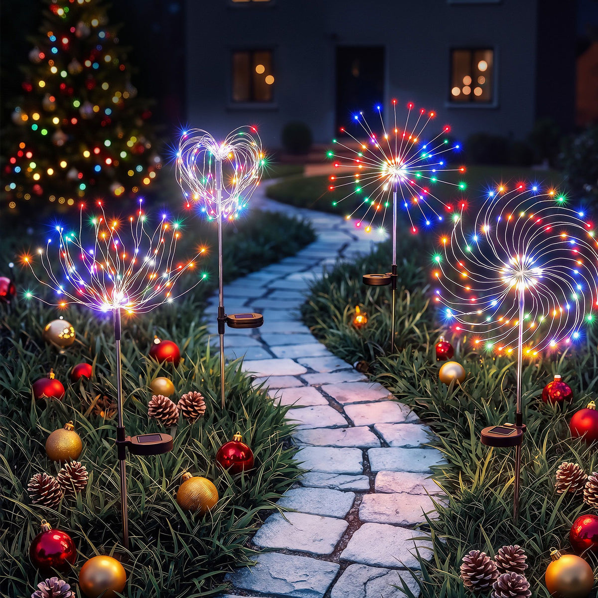 4-Pack Solar Firework Christmas Pathway Garden Lights 480 LEDs - Main Studio Product View - Jolly Wonderland Australia